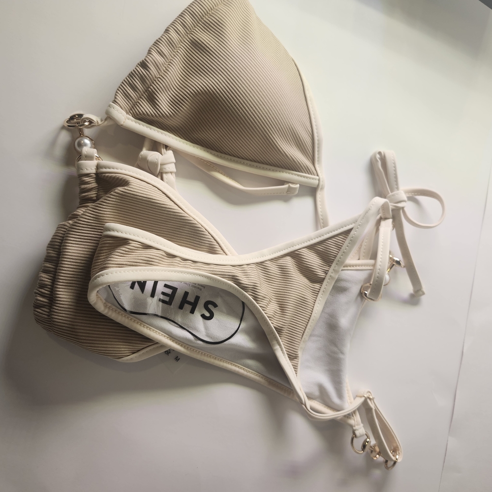 SHEIN Tan and White Bikini Set Chic Swimwear